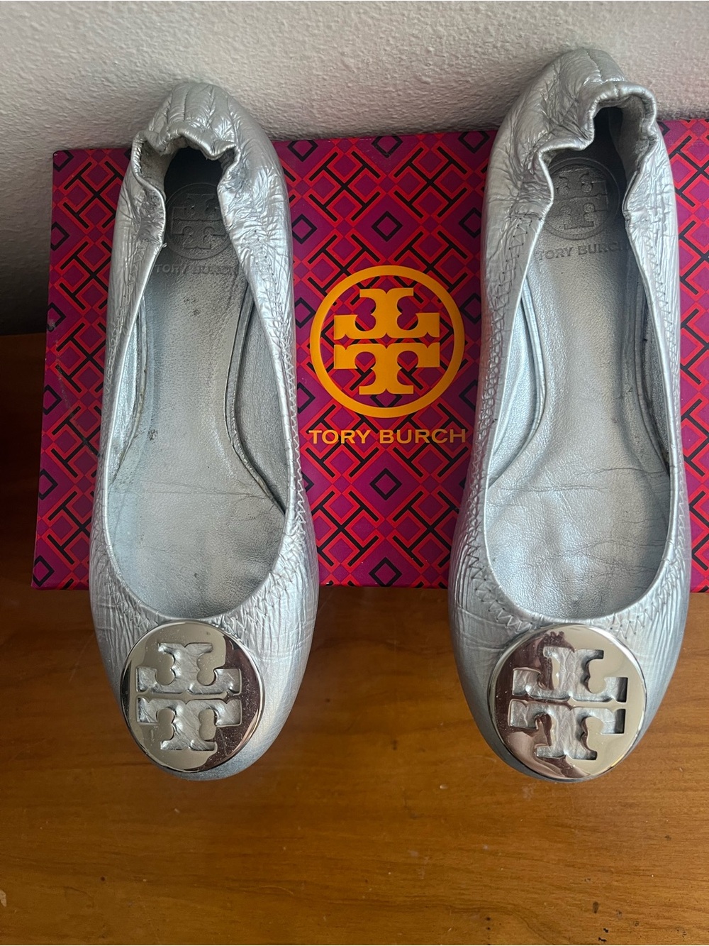 Tory Burch Silver Flats with Logo Emblem